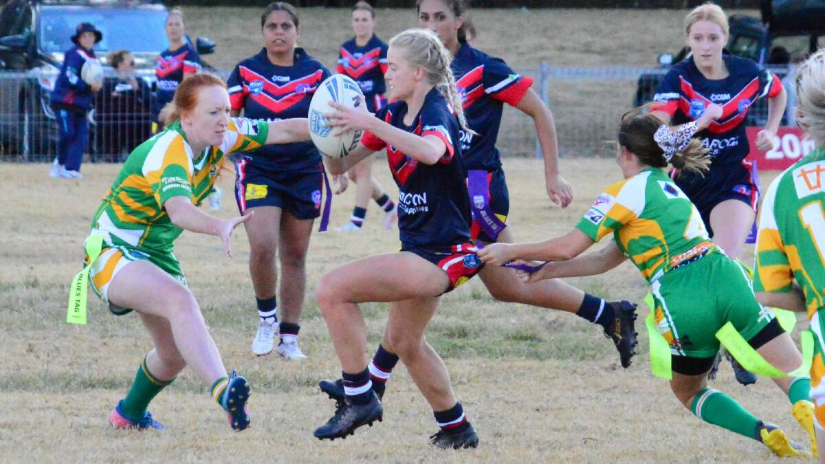Abby Schmiedel on the attack against Boggabri earlier this season. She crossed for five tries against Barraba on Saturday.