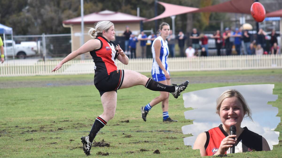 CAPTAIN: Clare McCosker in action on and off (inset) the field at last year's grand final. Photo: Ben Jaffrey