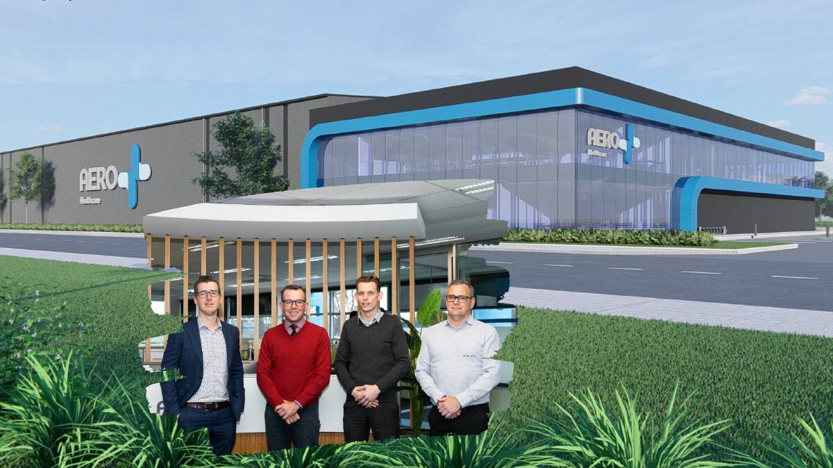 A design concept of the new premises and (inset) Aero Healthcare Marketing Director David Levingston, Northern Tablelands MP Adam Marshall, Operations Manager Murray Scott and Sales Manager Rob Fowler.