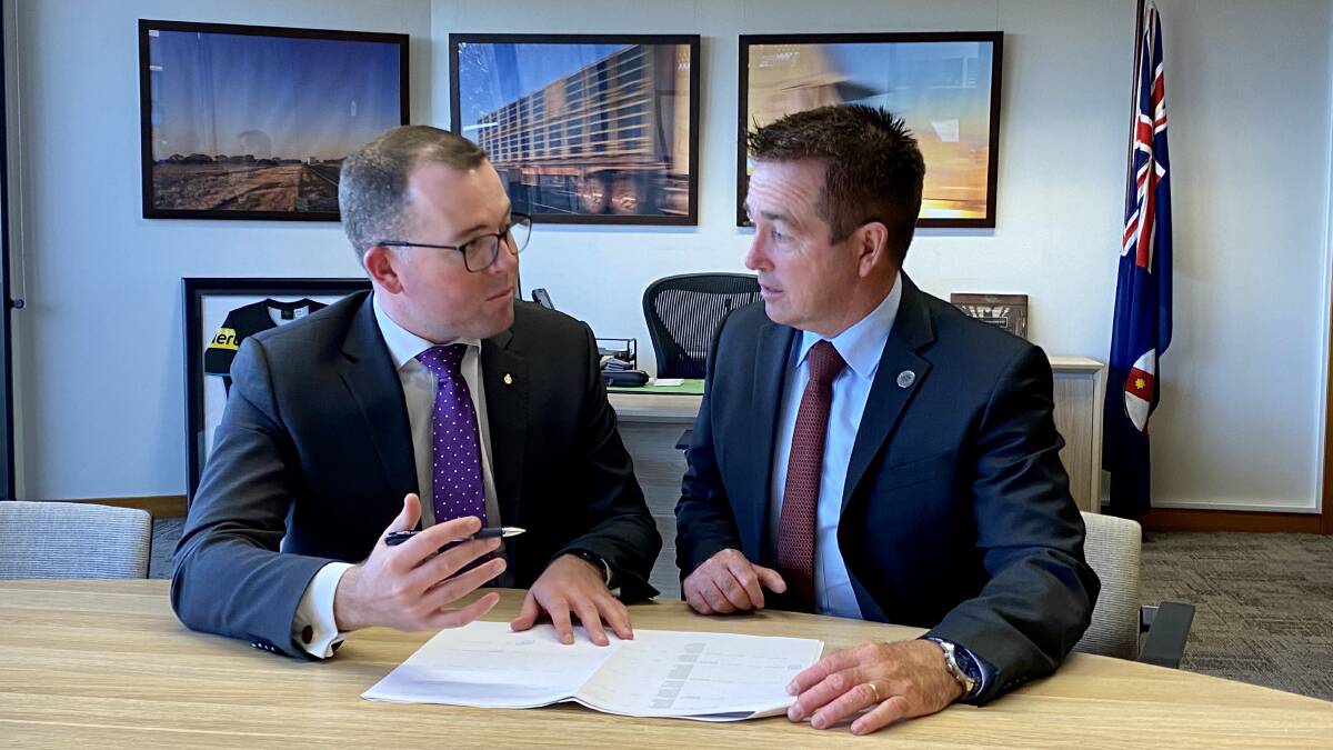 Northern Tablelands MP Adam Marshall, left, discussing Kempsey Road with Minister for Regional Roads and Transport this week in Parliament.
