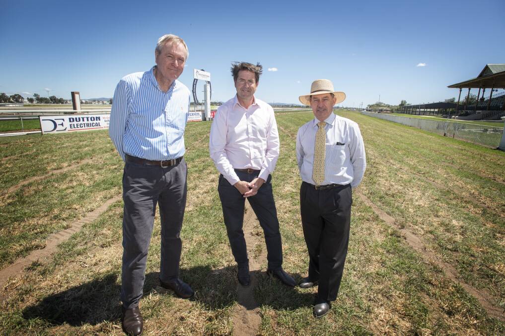'EXCITING TIME': Tamworth Jockey Club chairman Barry Burnett, Tamworth MP Kevin Anderson and TJC general manager Wayne Wood at the launch of the track's drainage upgrade. Photo: Peter Hardin