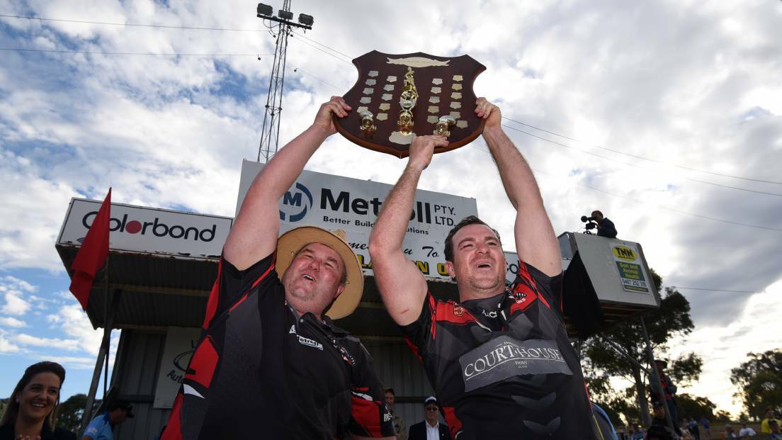 OH, YEAH: Brad McManus and his replacement as Bears coach, Scott Blanch, celebrate the 2017 grand final win over Narrabri. Photo: Gareth Gardner 