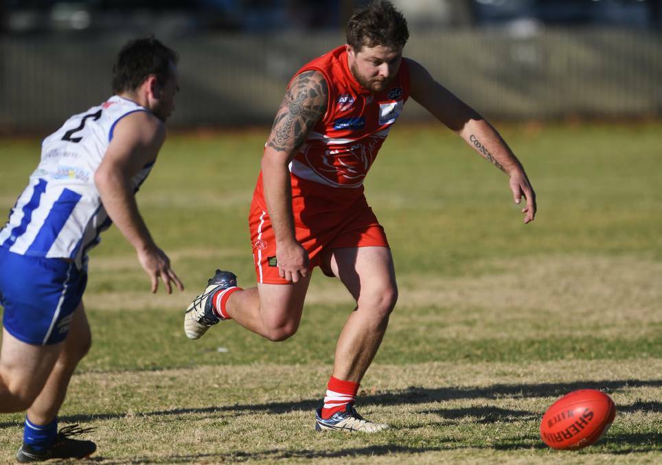 TOUGH DAY: Dale Gericke booted the Swans' two goals in their elimination final loss to the Nomads in Armidale on Saturday. The majors came in the final term.