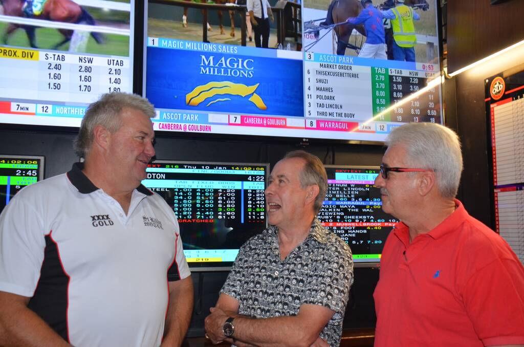 BUSH TO BIG SMOKE: Yes Yes Yes co-owners Harley Payne, Garry Russell and Jim Dedes. “For three blokes from Armidale to have a Magic Millions runner is amazing," Dedes said. 