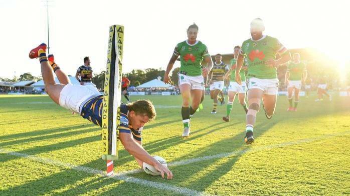 STAR MATERIAL: Parry scores one of his two tries in a trial against Canberra this year. Photo: Gregg Porteous/NRL