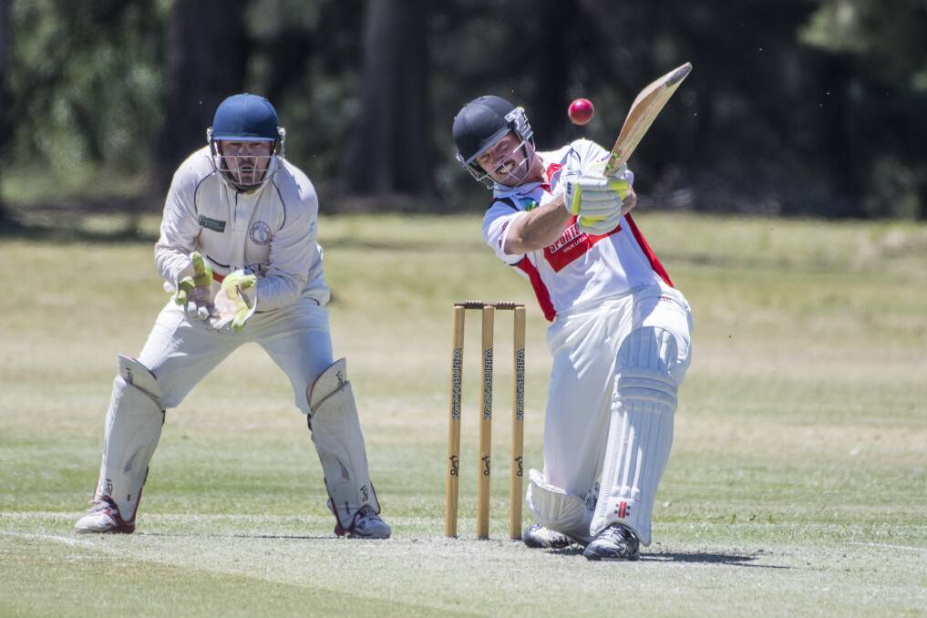 FORE!: Redbacks skipper Brendan Rixon tees off on this one in his innings of 44 against South Tamworth at Riverside 2. Photo: Peter Hardin 