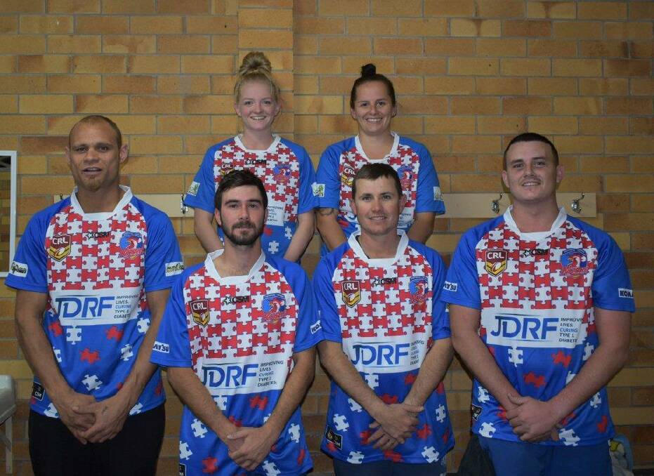 GOOD CAUSE: Roosters players in the special jerseys designed for their Juvenile Diabetes Research Foundation fundraiser on Saturday. Photo: Supplied