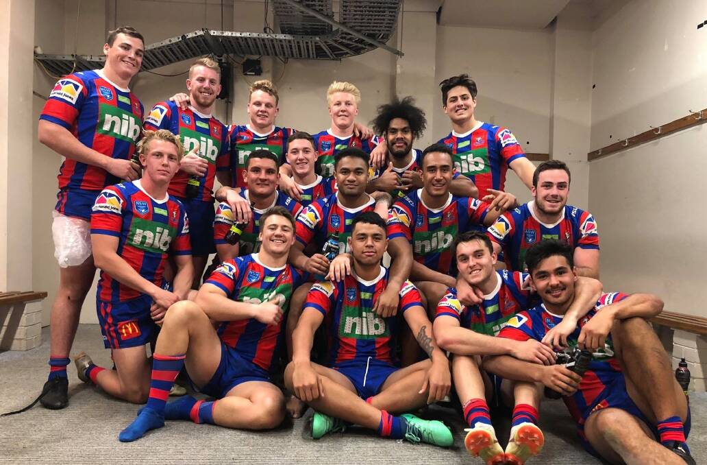 BUILDING BLOCK: “It’s been good, I’ve enjoyed it,” says former North Tamworth Bear Jack Cameron, back row far left, of his first season at the Knights. Photo: Supplied 