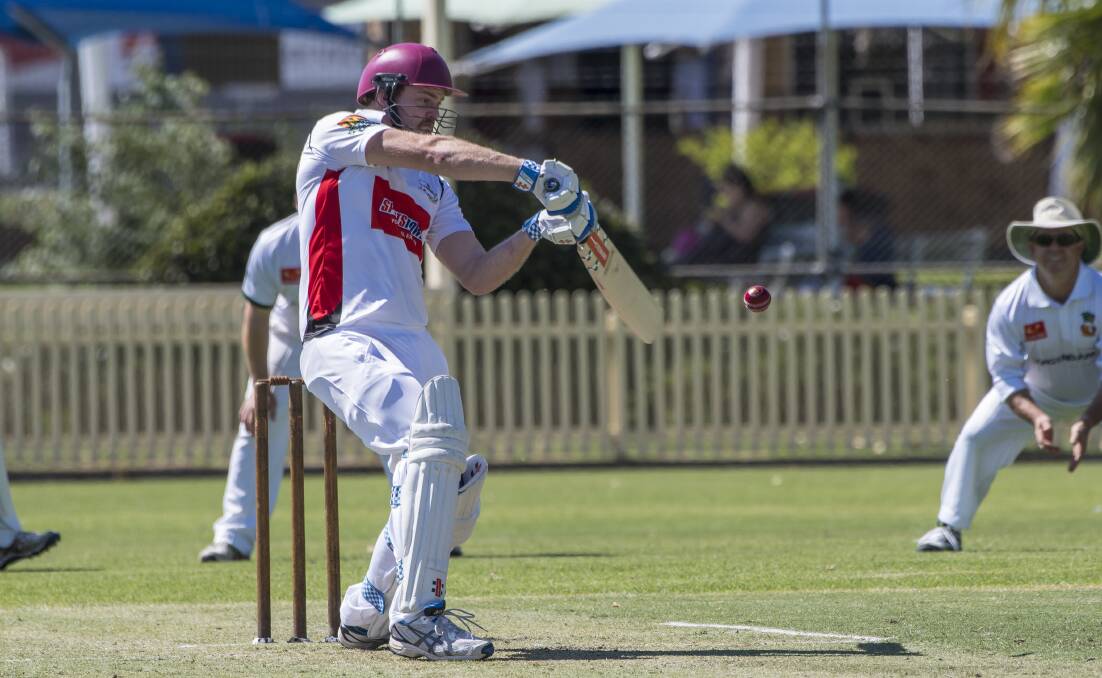 LEAD FOOT: Norths' Lincoln Peters stands and delivers on his way to a 55-ball 71 against Bective East at No.1 Oval on Saturday. Photo: Peter Hardin