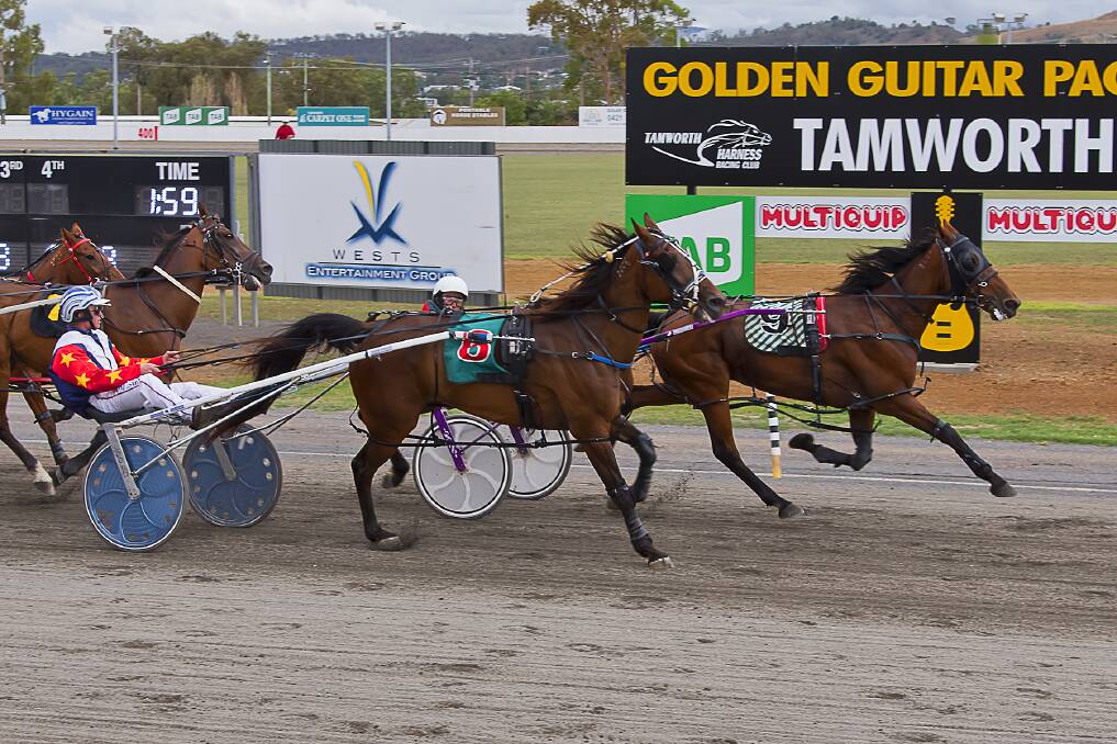 FULL FLIGHT: Travis Bullock pilots Smack Dab Shannon (inside) to victory at Tamworth on Thursday. PeterMac Photography