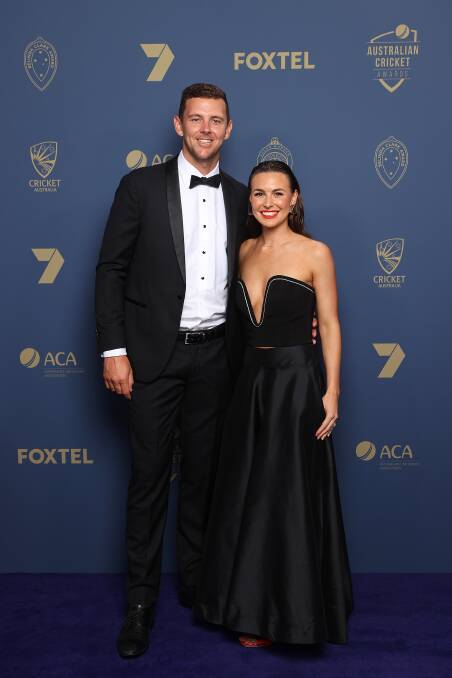 Josh Hazlewood and his wife, Cherina Murphy-Christian, attend the Australia Cricket Awards at Royal Randwick in Sydney on January 30, 2023. Picture by Brendon Thorne/Getty
