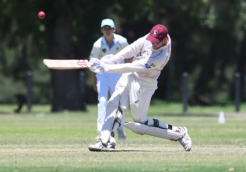 DOUBLE IMPACT: West Tamworth allrounder Harrison Kelly hits out in making 42 not out in the second innings. Photo: Gareth Gardner 