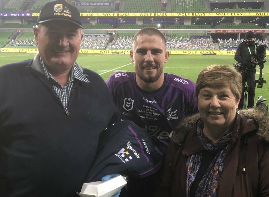 SPECIAL FLASHBACK: Lewis with his Ashford-based parents, Mick and Pauleen, after his NRL debut, at AAMI Park in Melbourne last season. Photo: Supplied