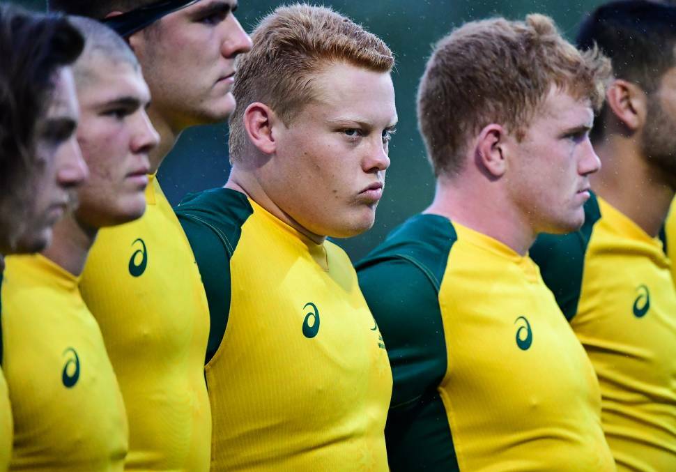 BIG BO: Former Pirates junior Bo Abra (steely-eyed) has made another Junior Wallabies appearance - this time in a win over Ireland. Photo: RugbyAU Media/Stuart Walmsley