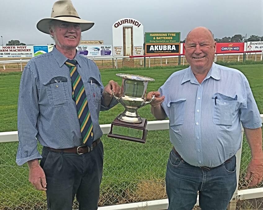 THE PRIZE: Quirindi Jockey Club president Danny Donoghue (left) and club secretary Ted Wilkinson with the Akubra Quirindi Cup. Photo: Supplied