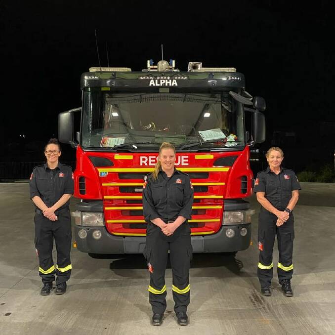 HISTORIC: Tamworth firefighters Kylie Grimes, Katlyn Nielsen and Min McDonald on their first ever shift together. Photo: Supplied