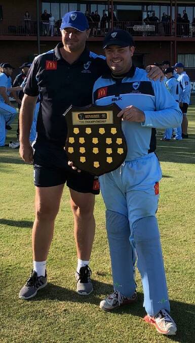 BLUE BLISS: NSW Country coach and former Tamworth captain, Jeff Cook, and NSW skipper Tom Groth following the Bush Blues' Twenty20 final defeat of Queensland. Photo: Facebook
