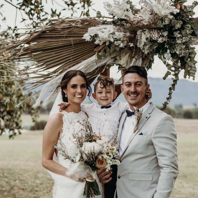Rhiannon and Matt and his eldest son, Valentine, on the couple's wedding day at Bimbadgen Palmers Lane, Pokolbin, in October, 2020. Picture supplied