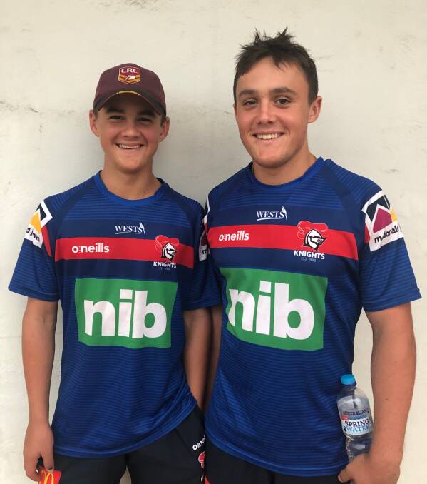 KNIGHTS QUEST: Charlie and Mitchell Henderson after attending Newcastle training last off-season. Photo: Supplied