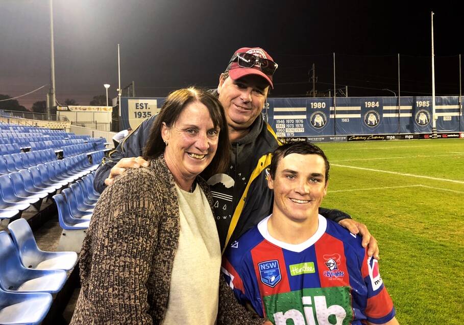 THE CLAN: Newcastle Knight Jack Cameron and his parents, Mary-Ann and David, following at match at Belmore Sports Ground in Sydney. Photo: Supplied