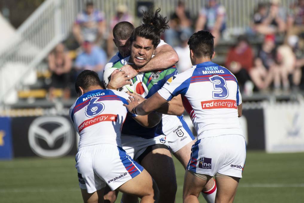 EXPLOSIVE: Warriors second-rower Tohu Harris takes a hit-up at Scully Park last August. Photo: Peter Hardin