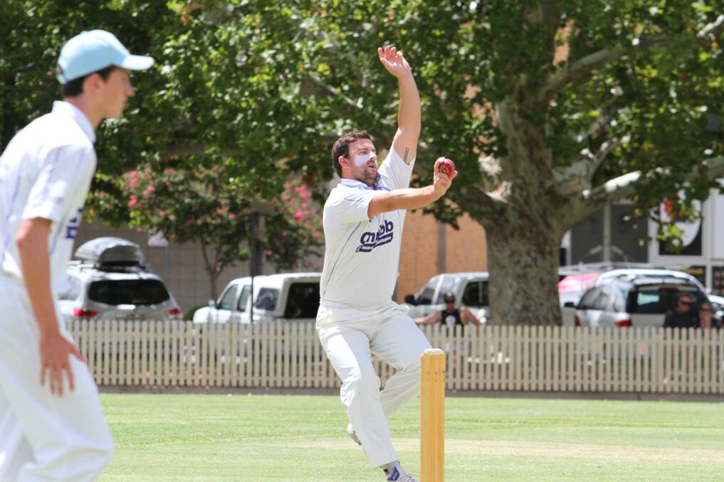 FIRED UP: Aaron Hazlewood bowls early in the day against City United. He finished with the career-best figures of 9-18 off 20.4 overs, with three of his victims caught at first slip by his brother.