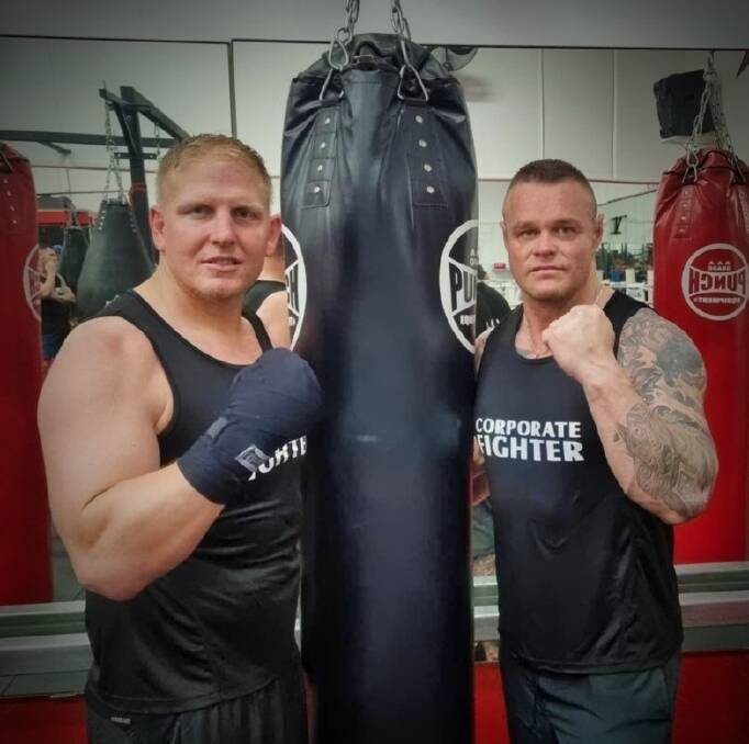 BATTLE LINES: Former Oxley Diggers captain-coach Jamie Trindall (right) and ex-NRL star Ben Hannant will fight on the Gold Coast next month. Photo: Facebook