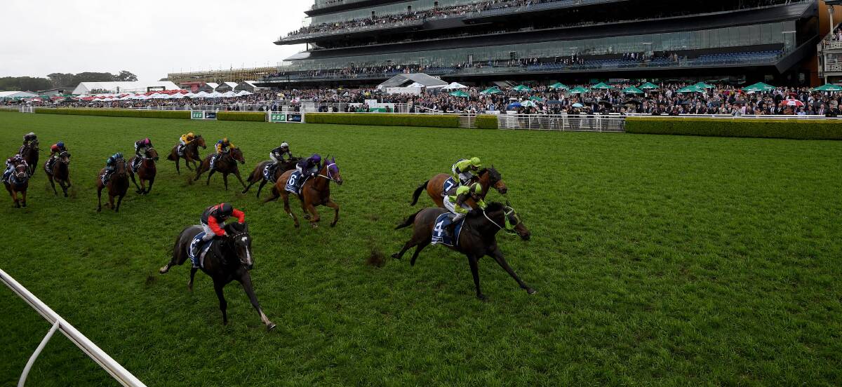 FLASH FINISH: Corey Brown pilots Suncraze, far right, to second place in The Kosciuszko at Royal Randwick on Saturday. AAP Image/Dan Himbrechts
