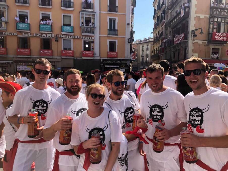 MEMORY LANE: Roos midfielder Ben Evenis (second left) at the running of the bulls in Pamplona, Spain, in 2018. Photo: Facebook