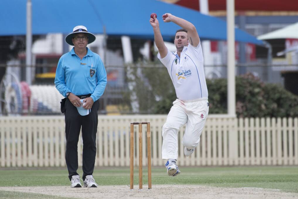 DEADLY: In-form Old Boys quick Aaron Hazlewood steams in against City United at No.1 Oval on Saturday. Photo: Peter Hardin 