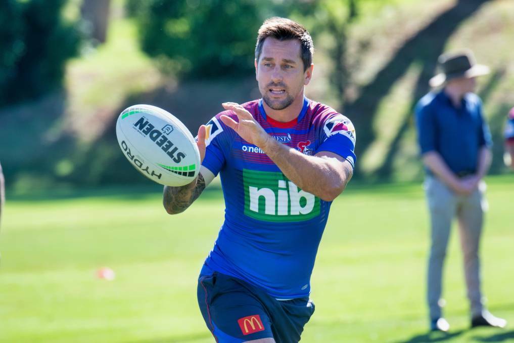 VETERAN: Mitchell Pearce takes part in Knights training at Farrer last month. Photo: Peter Hardin