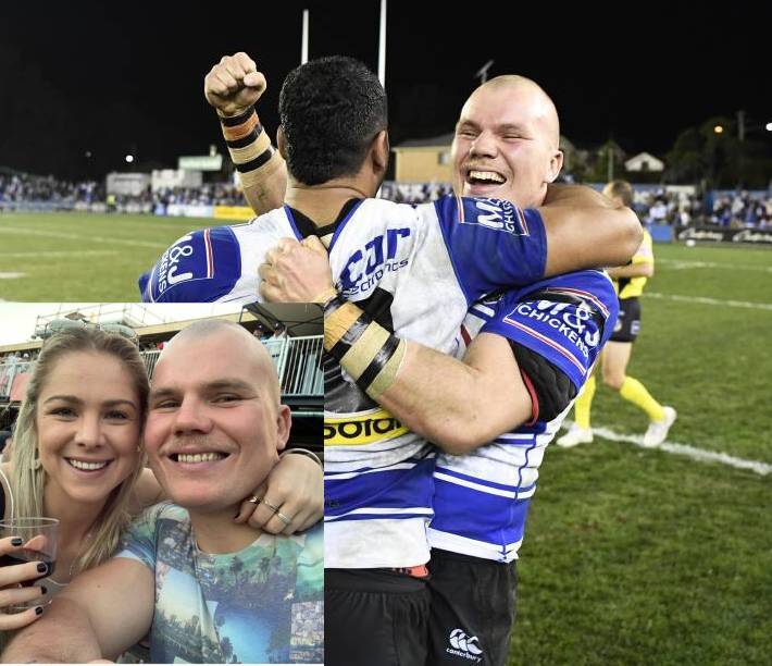 REWIND: Quirindi-raised Andy Saunders celebrates a winning NRL debut. Insert: His new fiancee, former Tamworth girl Tayla Phillis. Main photo: NRL