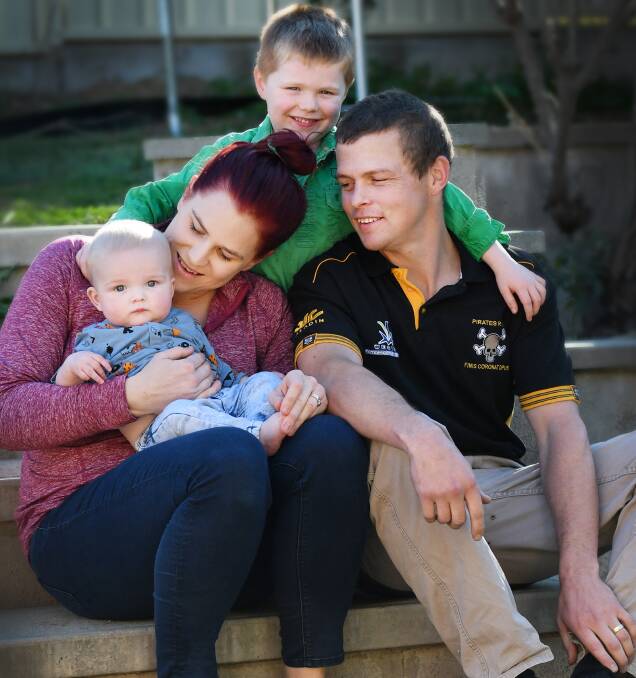 PORTRAIT OF HAPPINESS: Pirates flanker Chad Lambert with his wife, Jessica, and their children, Lukas, 4, and Flynn, six months. Photo: Gareth Gardner 280619GGC01