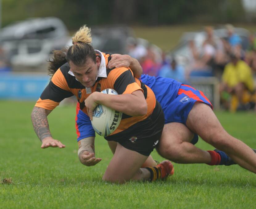 GOLDEN MOMENT: Tigers second-rower KC Edmonds crosses against the Knights. Photo: Mark Bode