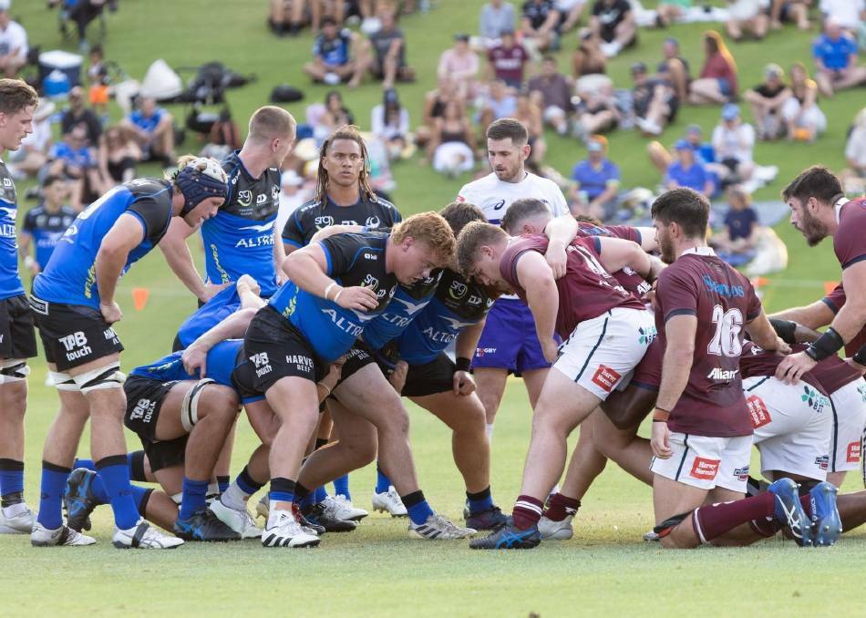Watts (in the headgear) plays for the Western Force in a trial match against Queensland at Perth's McGillivray Oval in February, 2023. Fellow Tamworth export Bo Abra is the Force's prop. Picture supplied