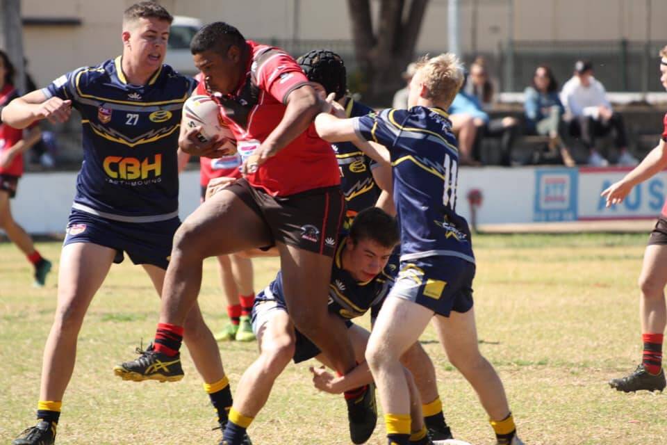 RAGING BULL: Tim Gordan tests Dungowan's defence in the under-18 major semi-final at Jack Woolaston. The Bears won 30-20 to advance to the grand final. Photo: Judy McManus 