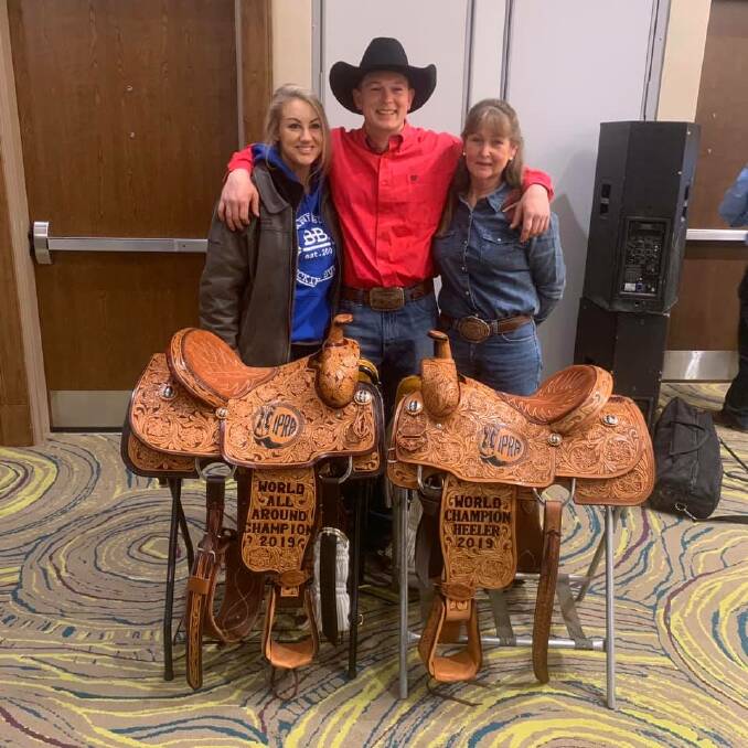 AUSTRALIAN MADE: Moonbi's Ty Parkinson celebrates his rodeo world championships with his girlfriend, Taylor Hunt, and his mother, Dianne. Photo: Facebook