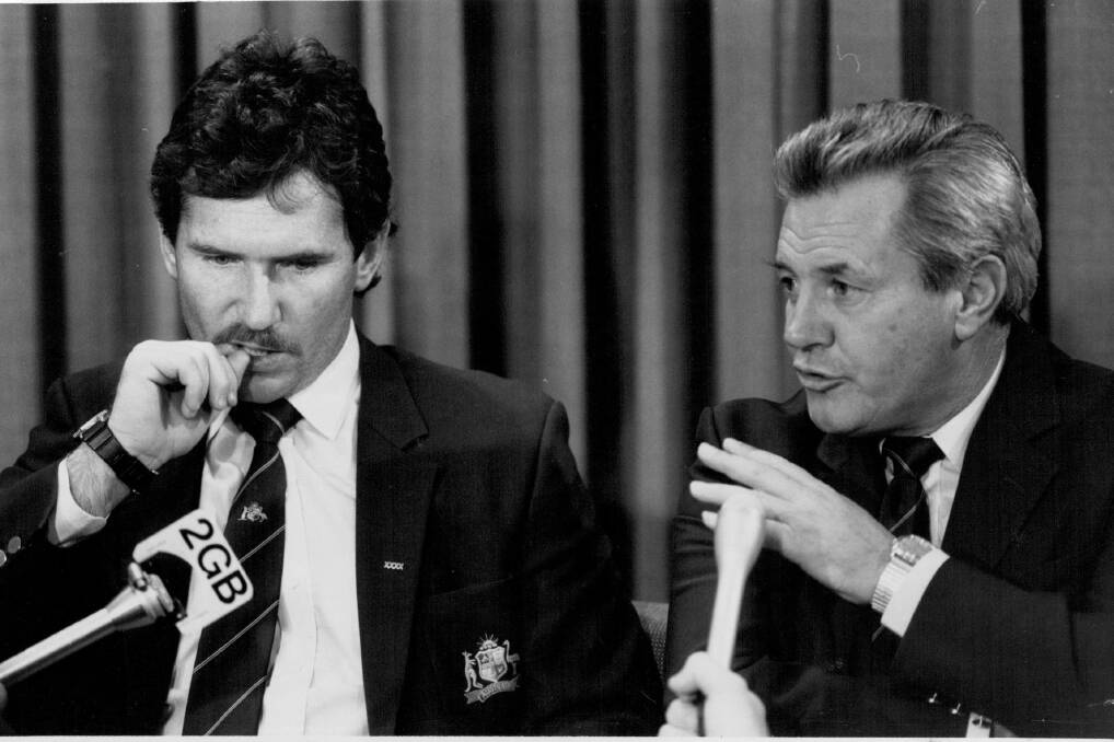 THE GENERAL: Allan Border with team manager Bob Merriman. Photo: Paul Wright