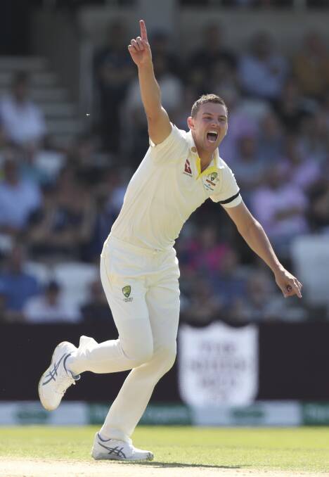 THE BULLET: Josh Hazlewood celebrates after bowling Jack Leach on day two of the third Test at Headingley, Leeds. AP Photo/Jon Super