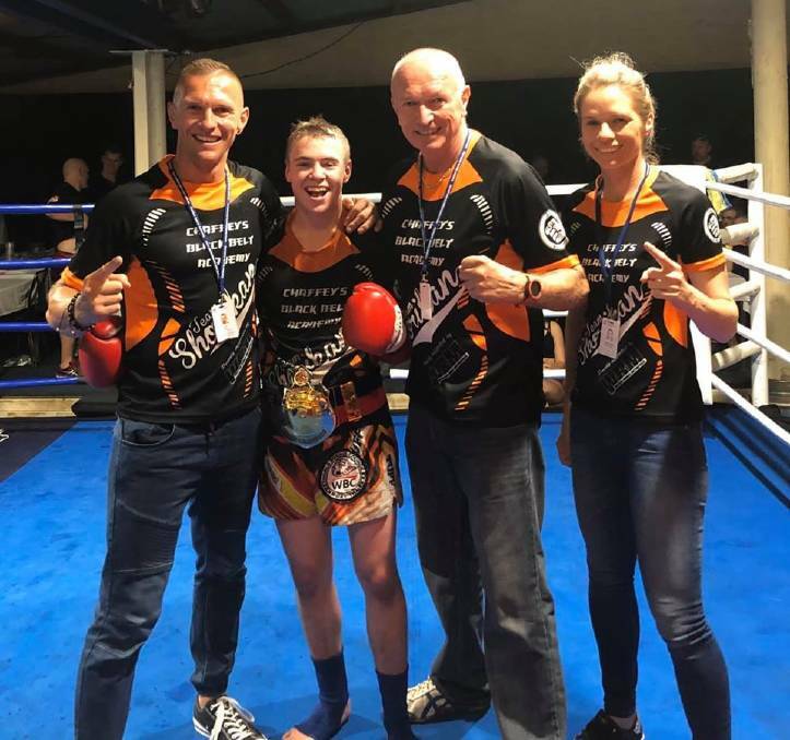 FLASHBACK: McCulloch and his team - Scott Chaffey (left), Clint Chaffey and Kristie Chaffey - after his win over Nathan Jones in Toukley last year. Photo: Facebook
