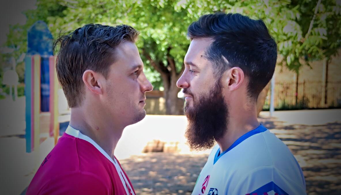 LET'S GET IT ON!: Mitchell O'Keefe (left) and Sam Higgins square off ahead of Saturday's charity soccer clashes at Ken Chillingworth Oval. Photo: Supplied