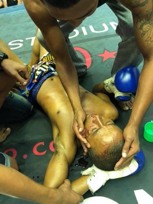 FLOORED: McCulloch's Thai opponent after the knockout blow. "I can’t wait to jump back into the ring," says the Tamworth 17-year-old. Photo: Facebook 
