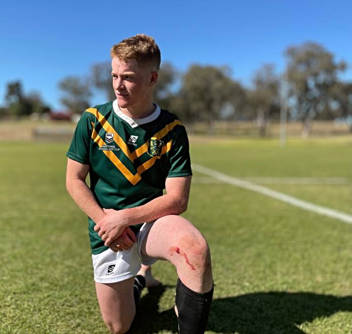 Farrer First XIII hooker Darcy Weatherall takes a knee after an exhilarating match against Hills Sports High at John Simpson Oval on August 2, 2023. Picture by Mark Bode