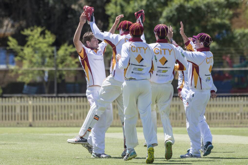 CONNECTED TISSUE: In-form City United celebrate a wicket by quick Tait Jordan. Photo: Peter Hardin 