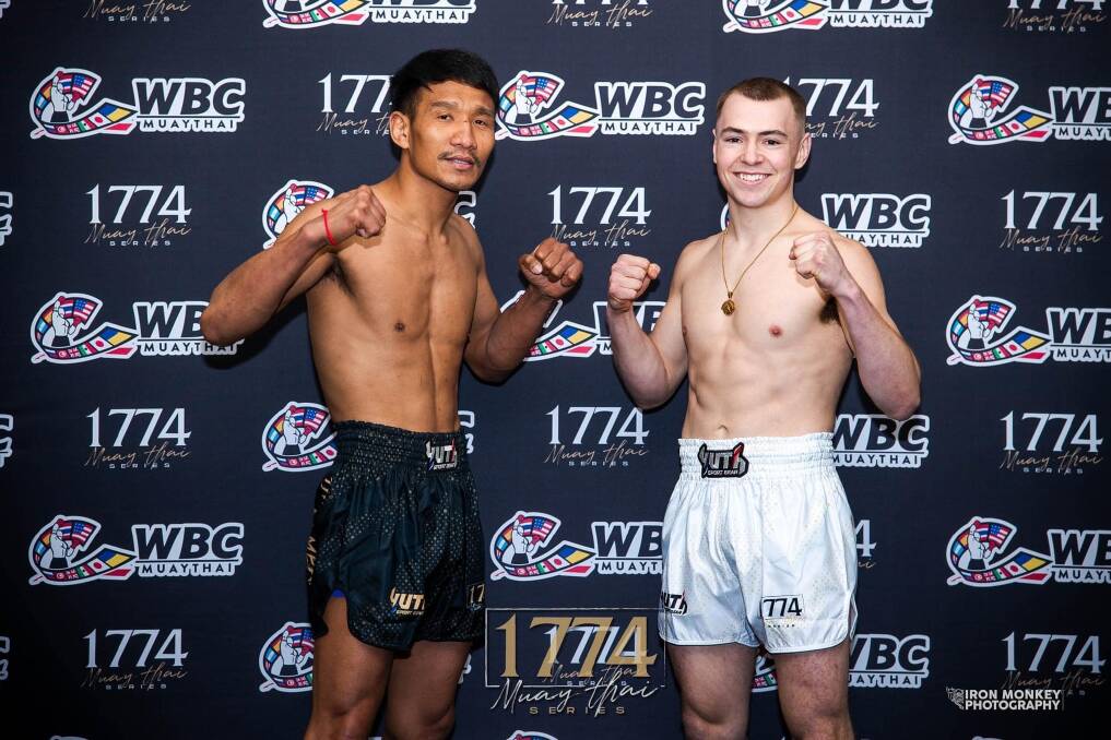 Josh McCulloch and Thailand's Lek SRG pose at the weigh-in for their fight. Picture supplied