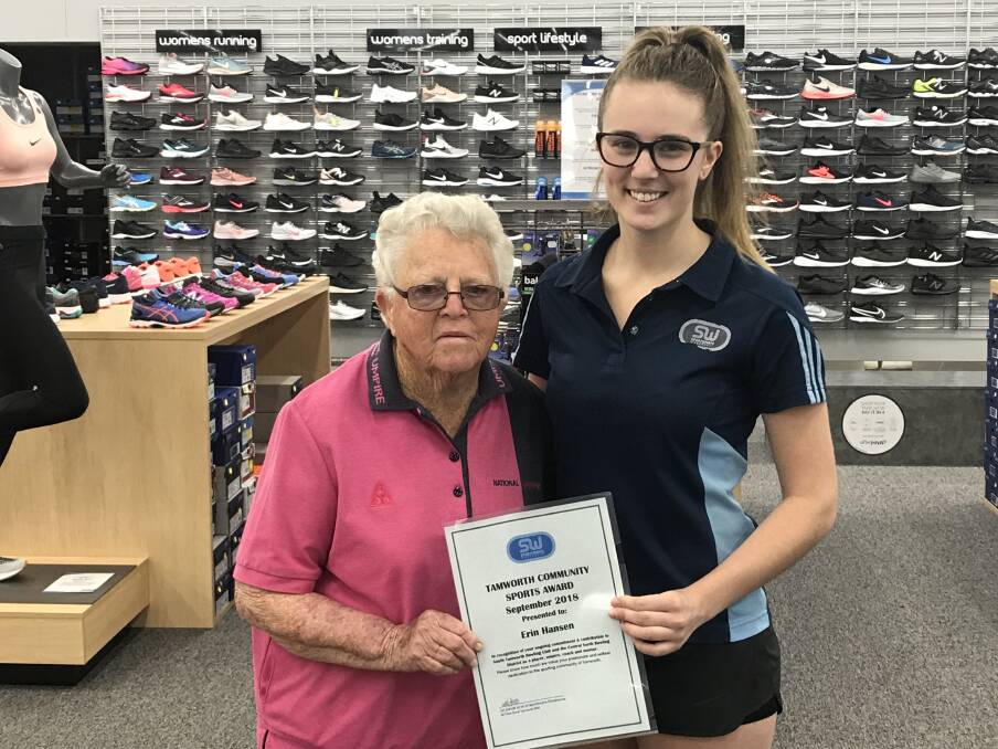WORTHY: Erin Hansen with Alix Sills of the Sportsmans Warehouse. Hansen, 93, has made a wonderful contribution to lawn bowls in the region. 