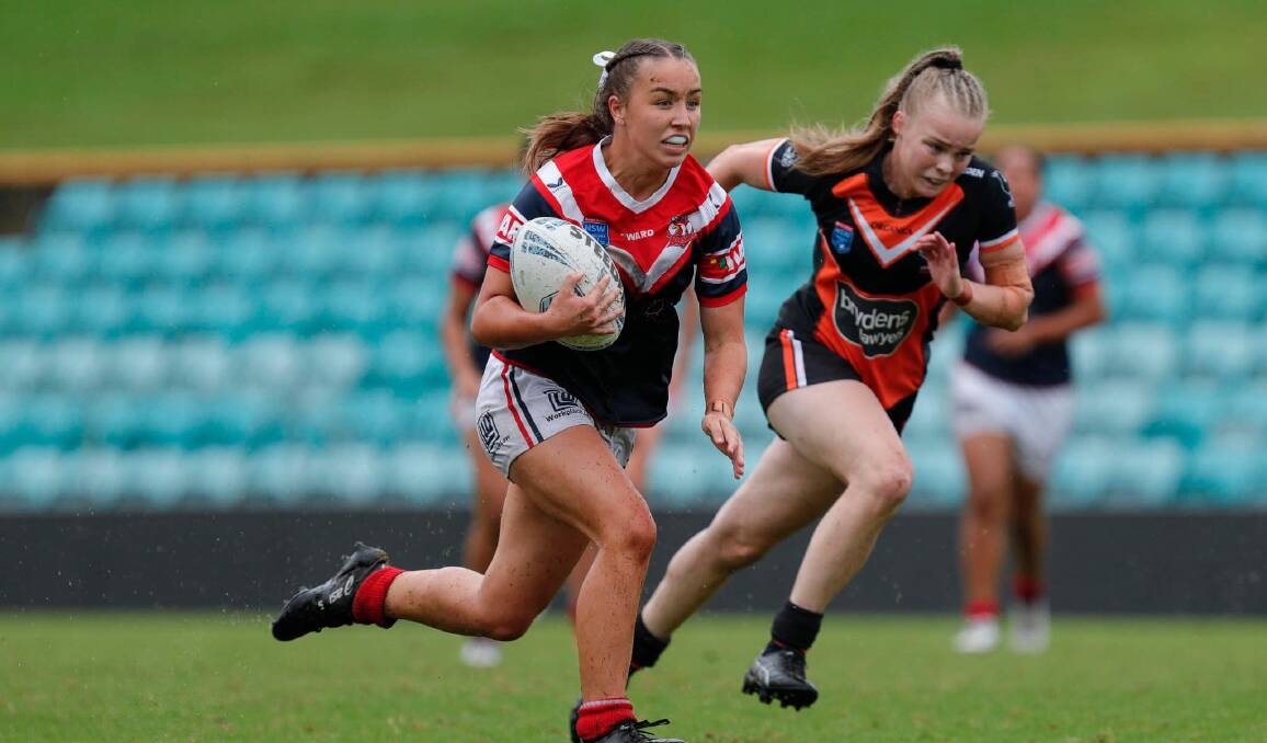 BLITZKRIEG: Roosters No 6 Jada Taylor launches a raid against Wests Tigers in a Tarsha Gale Cup clash at Leichhardt Oval. Photo: Bryden Sharp Photography 