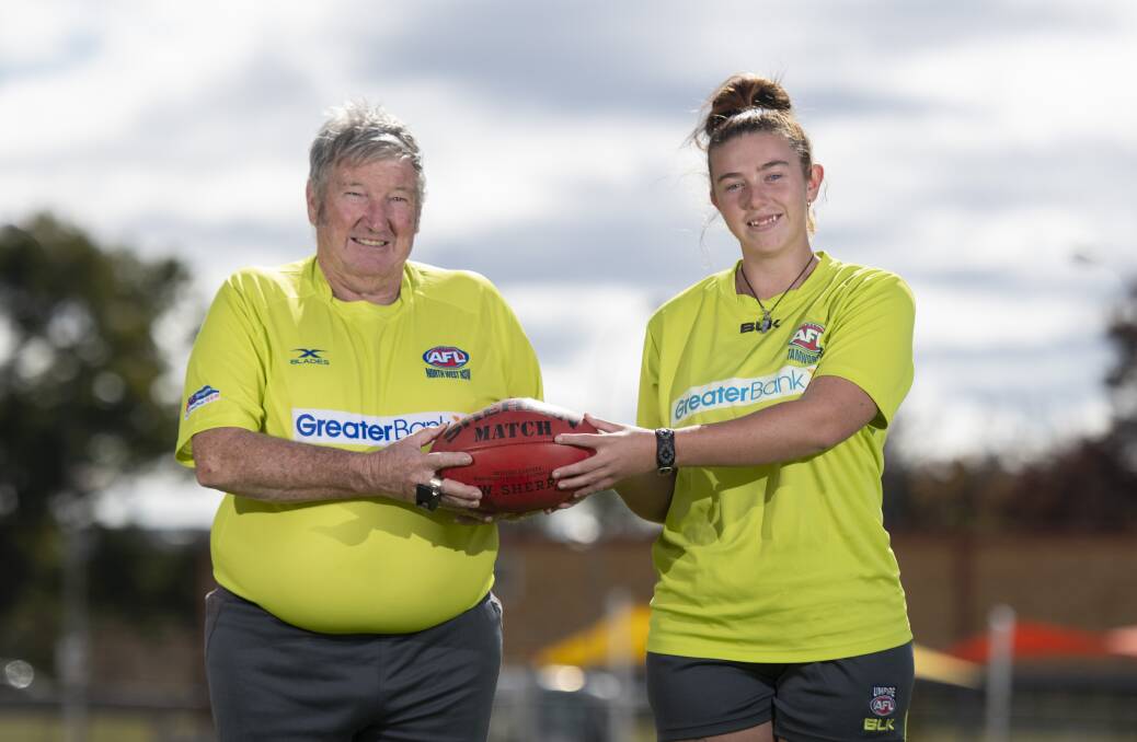 CALL OF DUTY: AFL North West umpires coordintor Graham Brown and one of his star pupils, Bryttany Frost. Photo: Peter Hardin