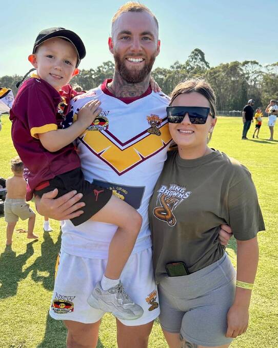Mackay with his son, Korbyn, and his partner, Taylah Booby, at this year's Koori Knockout on the Central Coast. He played for the Goodooga-based Country King Browns. Picture supplied