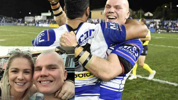 YOU BEAUTY! Saunders celebrates a winning NRL debut. Insert: With his fiancee, Tayla Phillis. Main photo: NRL